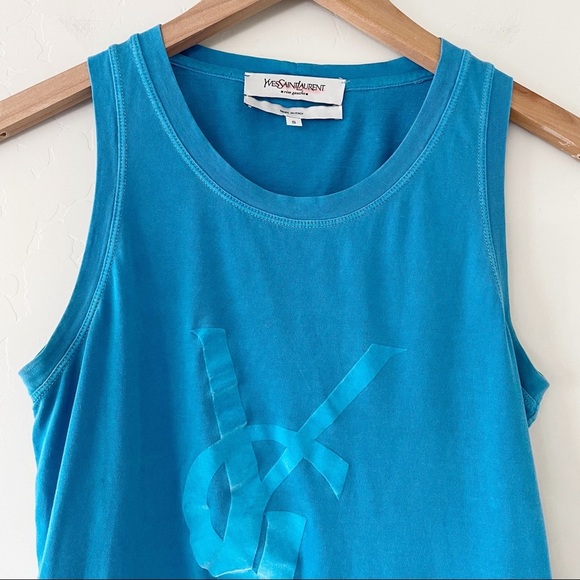 Yves Saint Laurent 1990s YSL Velvet logo-print tank top Teal Blue - Picture 2 of 10